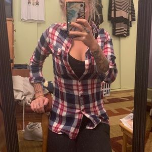 Dark pink, Navy blue and White Button Down Flannel